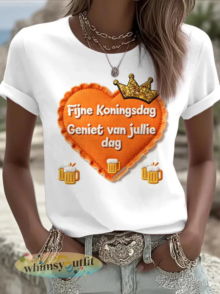 Dames Wit Nederlandse Koningsdag Hart 3D Print Casual T-shirt - Wit / S