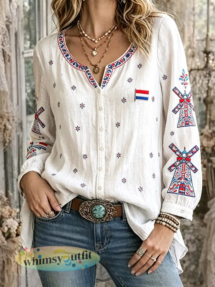 Dames wit Nederlandse windmolenprint casual katoenen linnen overhemd met lange mouwen - Wit / S