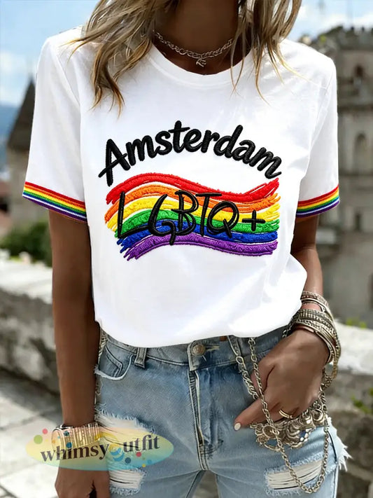 Dames witte Amsterdam 2026 LGBT-regenboogprint casual T-shirt - Wit / S