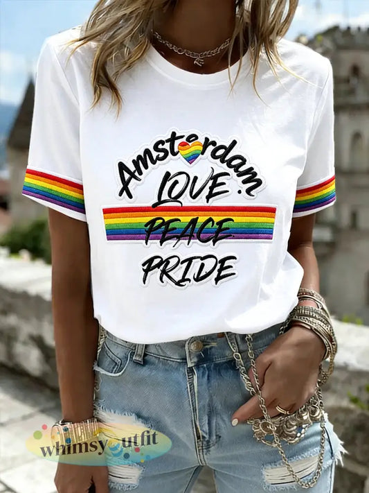 Dames witte Amsterdam Pride LHBT-regenboogprint casual T-shirt - Wit / S