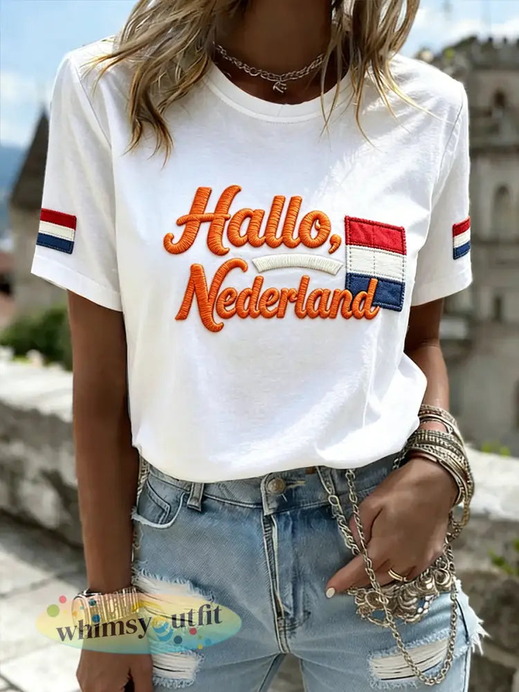 Dames witte casual T-shirt met de opdruk ‘Hello Netherlands’ - Wit / S