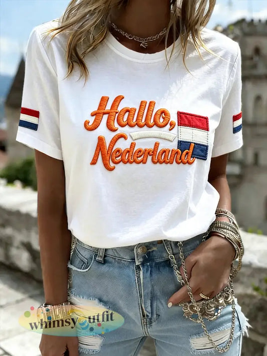 Dames witte casual T-shirt met de opdruk ‘Hello Netherlands’ - Wit / S