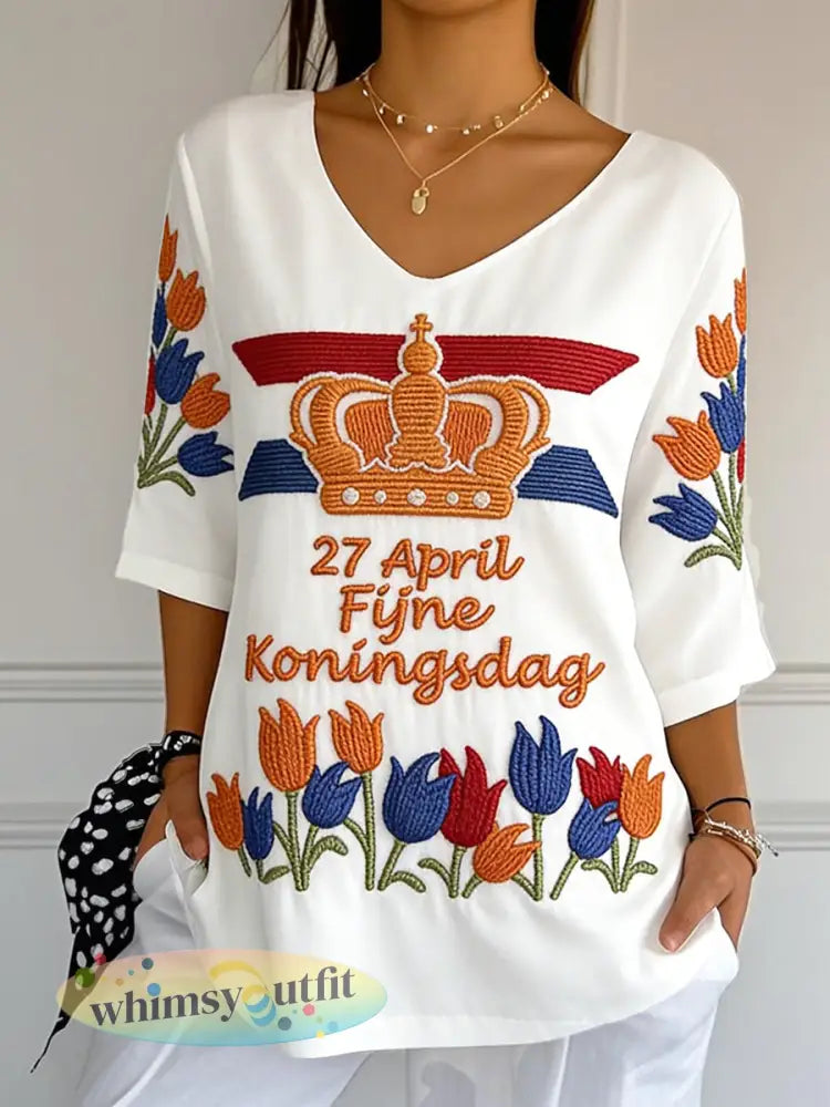 Dames witte Koningsdag-tulpenprint casual top met V-hals - Wit / S