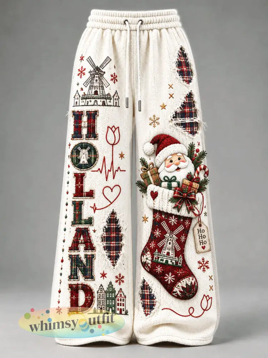 Dames witte Nederlandse kerstprint casual broek - Wit / S