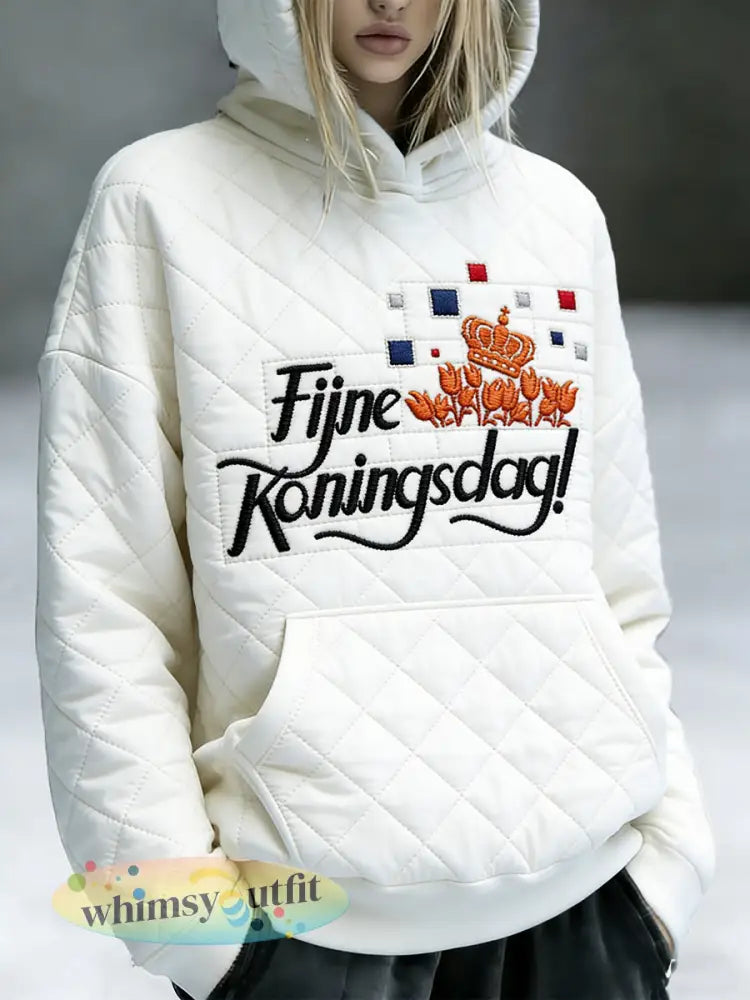 Dames witte Nederlandse Koningsdag met textuurprint casual sweatshirt met capuchon - Wit / S