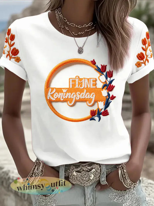 Dames witte Nederlandse Koningsdag tweedelige print casual T-shirt - Wit / S
