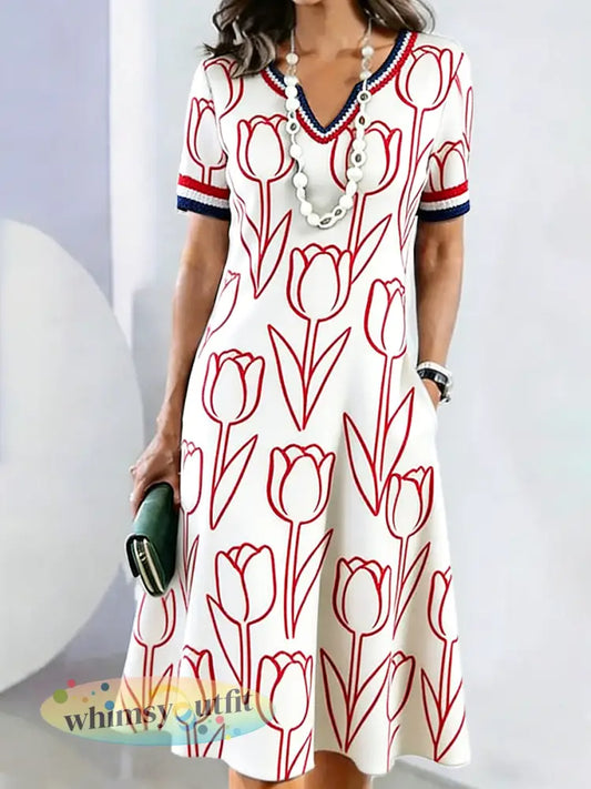 Dames Witte Nederlandse Moederdag Geschenk Tulpenprint Casual V-hals jurk - Romig-Wit / S