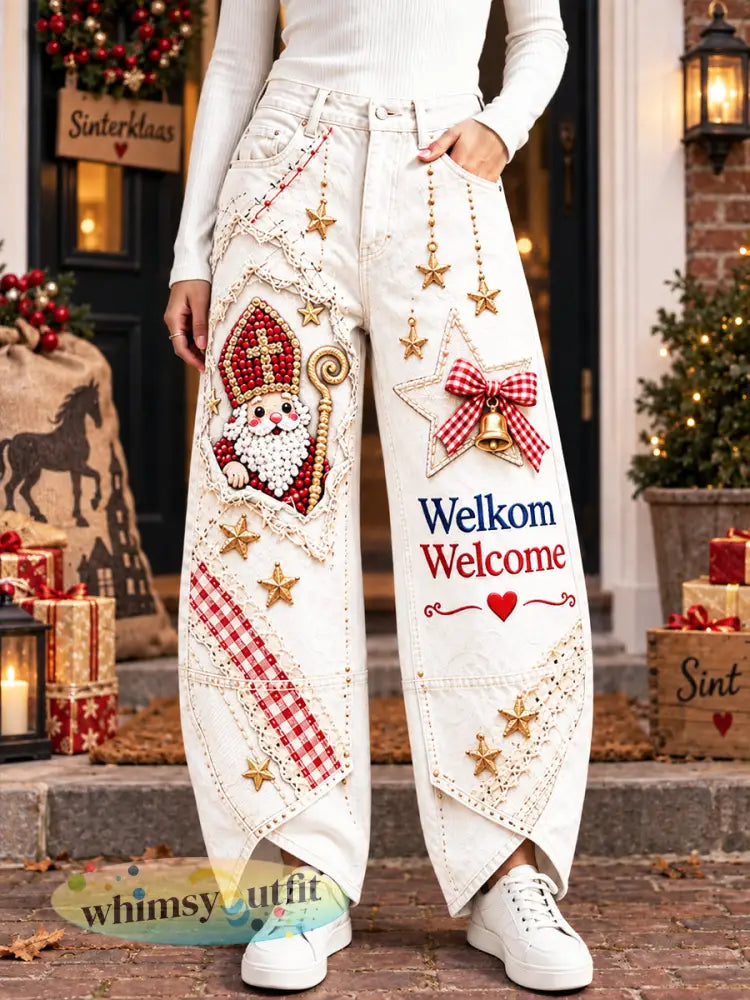 Dames witte Nederlandse Sinterklaas dag-Gedrukte casual broek - Wit / S