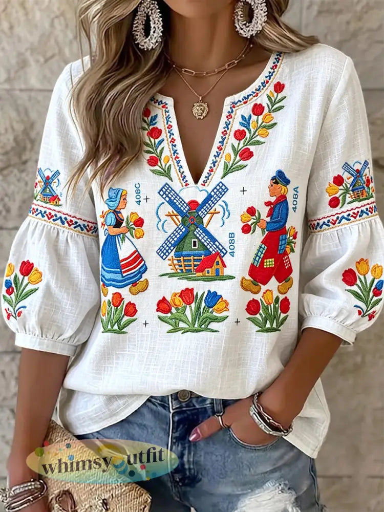 Dames witte Nederlandse windmolenprint casual katoenen linnen top met V-hals - Wit / S