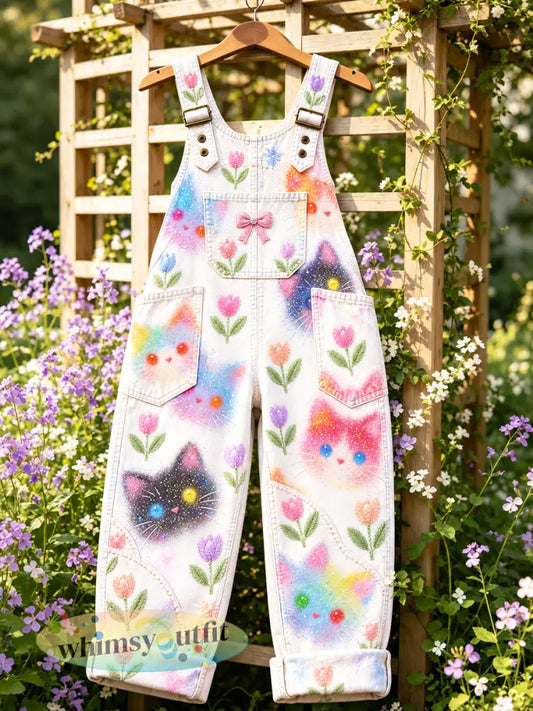 Dames witte schattige tuinbroek met katten- en bloemenprint casual stijl - Wit / S