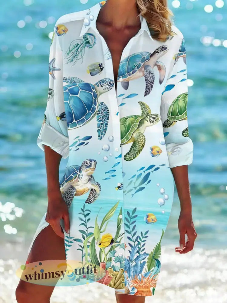 Dames zeeschildpadden print casual halflang overhemd - Lichtblauw / S