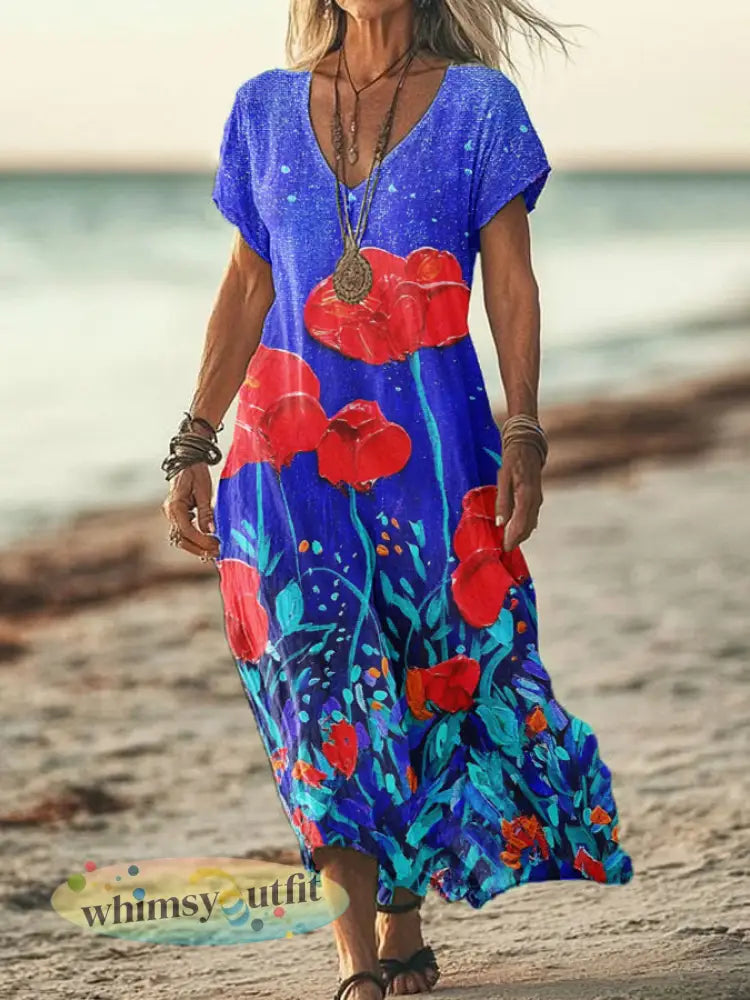 Dames Zomer Seaside Vakantie Stijl V-hals Olieverf Kunst Print Korte Mouw Katoenen Jurken - Blauw / S