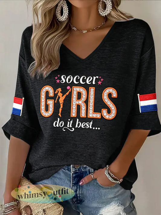 Dames zwart Nederlands voetbalmeisjes print casual T-shirt met V-hals - Zwart / S