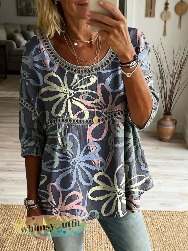 Damesartikel met bloemenpatroon en kunstprint casual top met ronde hals en vetersluiting - als foto / S