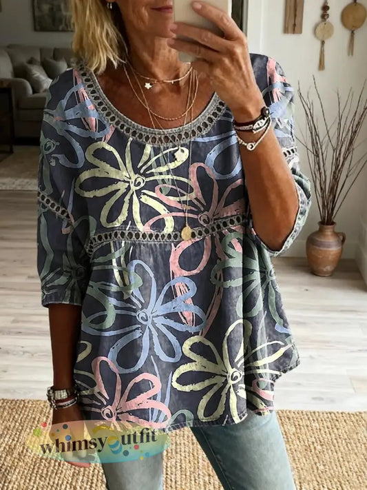 Damesartikel met bloemenpatroon en kunstprint casual top met ronde hals en vetersluiting - als foto / S