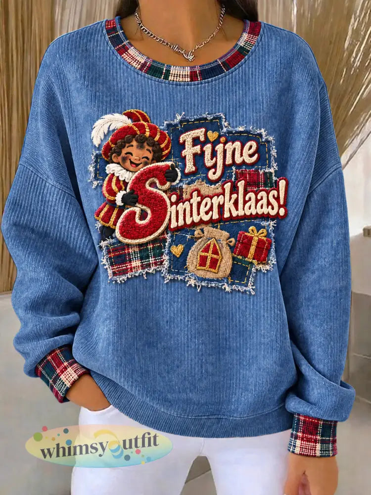 Damesblauw Nederlands sinterklaasdag vintage print casual sweatshirt - Blauw / S