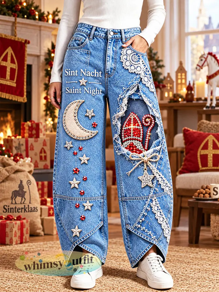 Damesblauwe Nederlandse Sinterklaasdagprint casual broek - Blauw / S