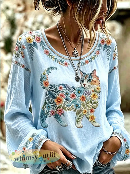 Damesbloemenkattenprint casual shirt met lange mouwen - Lichtblauw / S