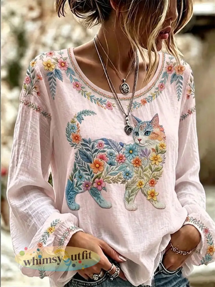 Damesbloemenkattenprint casual shirt met lange mouwen - Roze / S