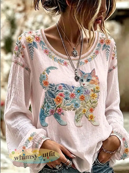 Damesbloemenkattenprint casual shirt met lange mouwen - Roze / S