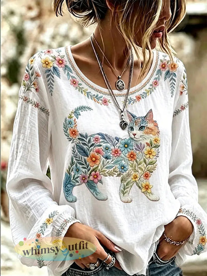 Damesbloemenkattenprint casual shirt met lange mouwen - Wit / S