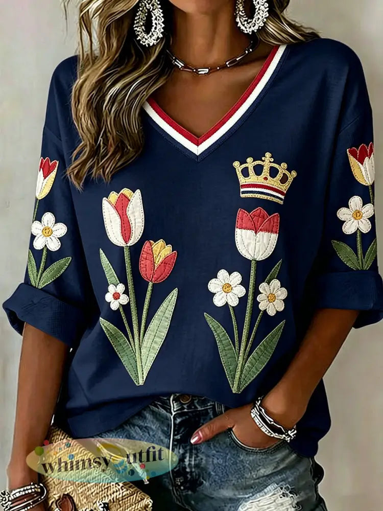 Damesblouse met bloemenpatchworkprint en V-hals - A / S
