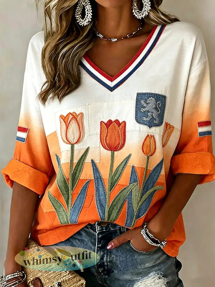Damesblouse met bloemenpatchworkprint en v-hals in verloopkleuren - A / S