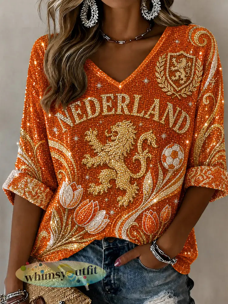 Damesblouse met leeuwen- en bloemenprint en V-hals - A / S