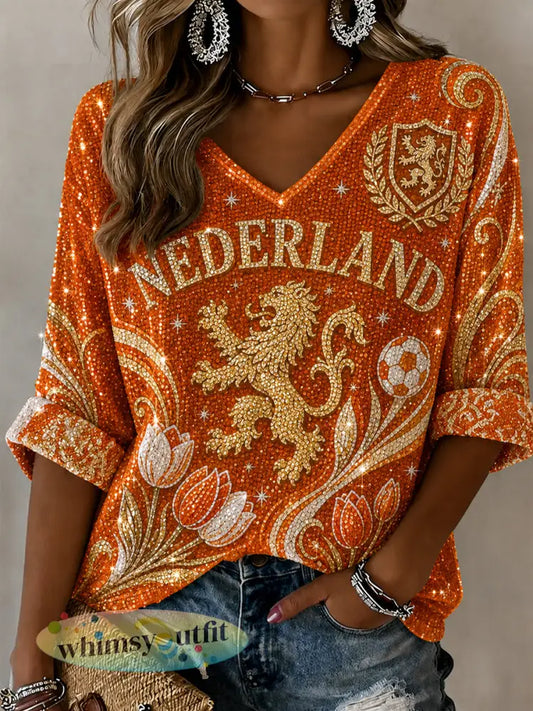 Damesblouse met leeuwen- en bloemenprint en V-hals - A / S