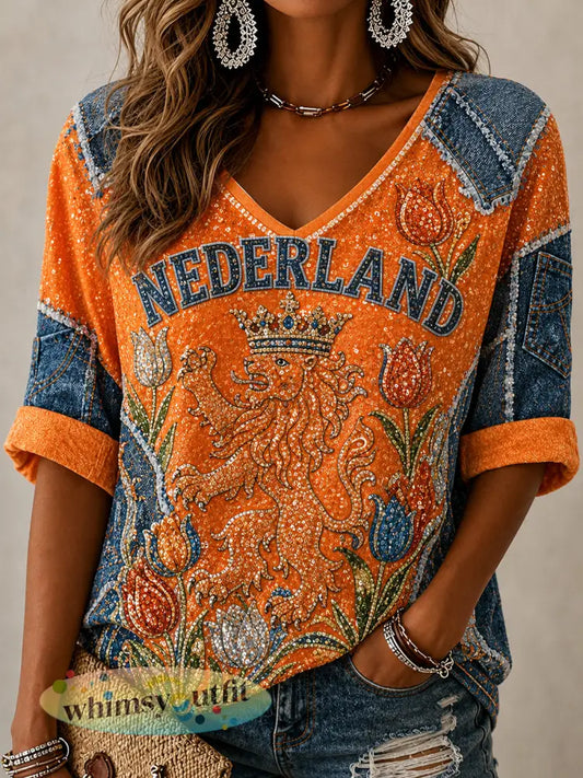 Damesblouse met lovertjes leeuwen- en bloemenprint denim patchwork en V-hals - A / S