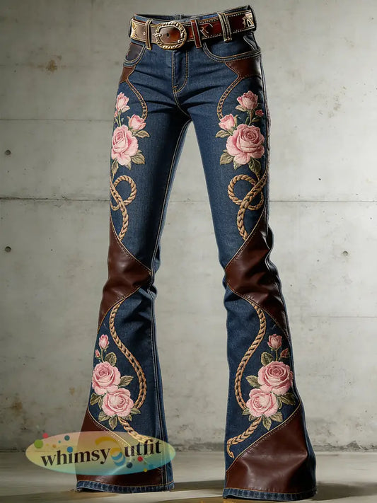 Damesbroek in westernstijl met bloemenprint en uitlopende pijpen - Marineblauw / S