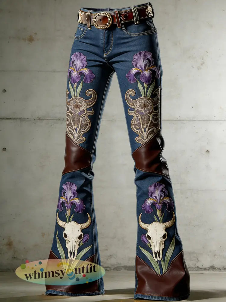 Damesbroek in westernstijl met bloemenprint en uitlopende pijpen - Marineblauw / S