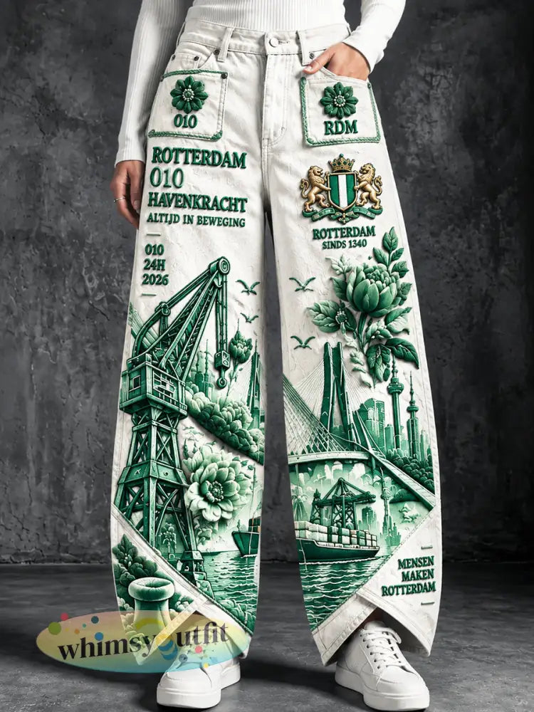 Damesbroek in wit met Rotterdam-stadprint casual stijl - Wit / S