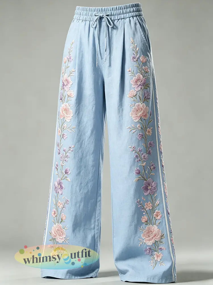 Damesbroek met bloemenprint en trekkoord - Blauw / S