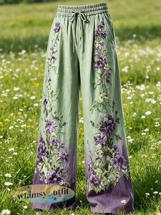 Damesbroek met bloemenprint en trekkoord - Groen / S