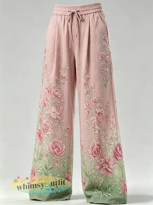 Damesbroek met bloemenprint en trekkoord - Roze / S