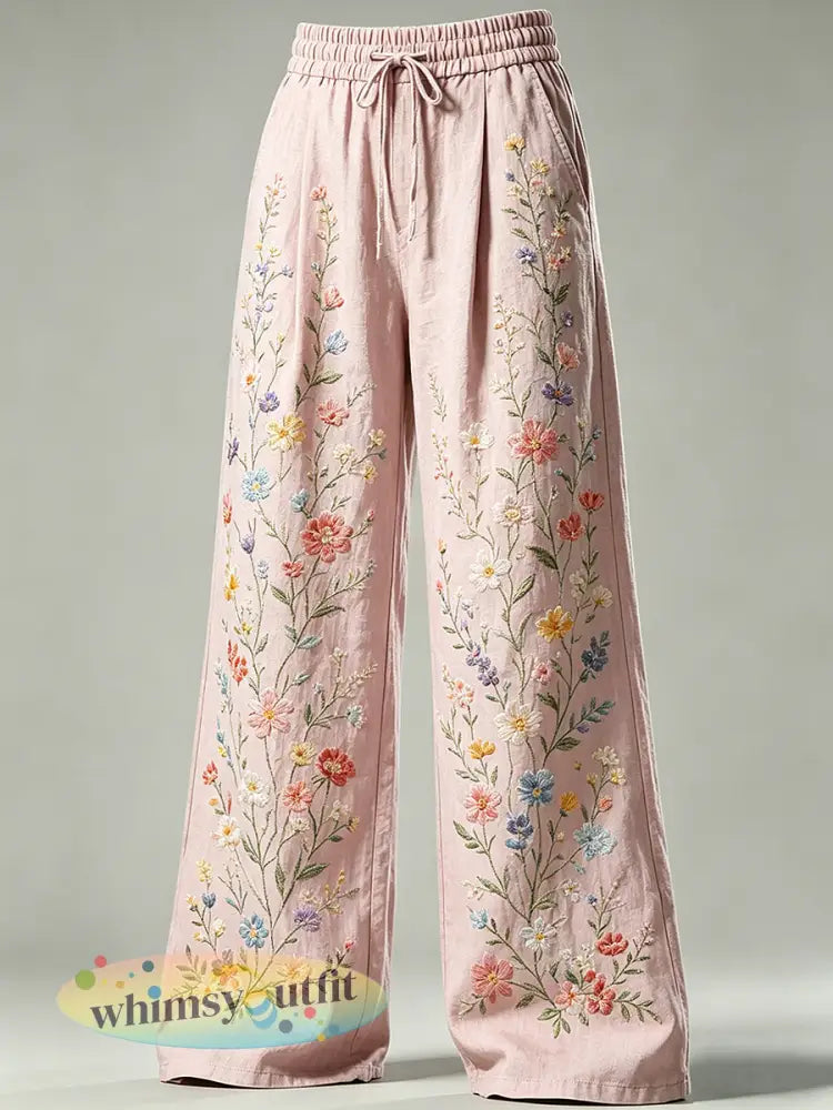 Damesbroek met bloemenprint en trekkoord - Roze / S