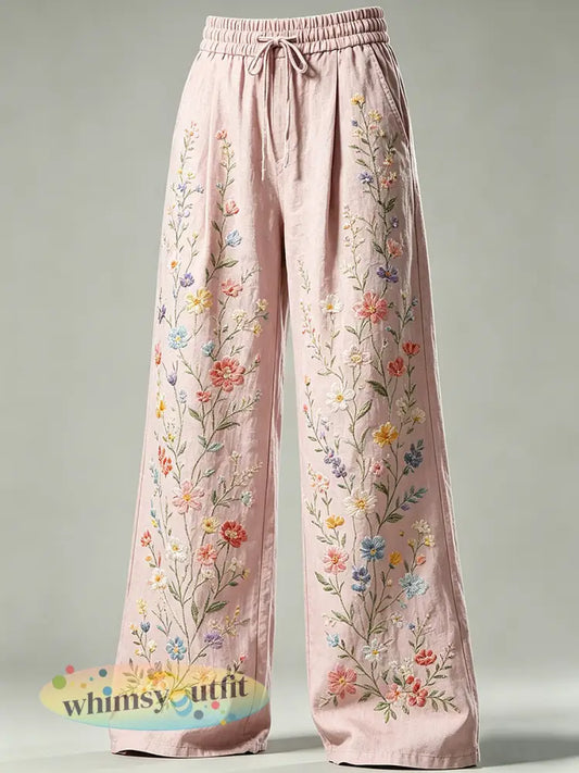 Damesbroek met bloemenprint en trekkoord - Roze / S