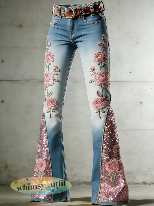 Damesbroek met bloemenprint en uitlopende pijpen - Blauw / S