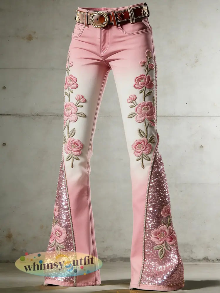 Damesbroek met bloemenprint en uitlopende pijpen - Roze / S