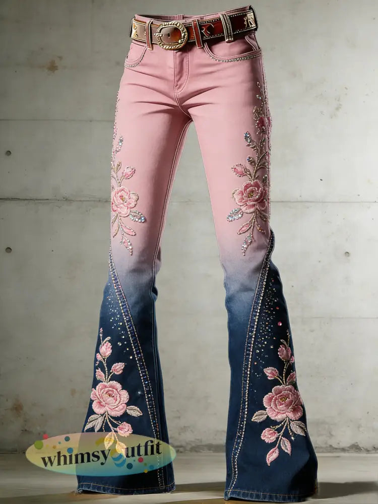 Damesbroek met bloemenprint en uitlopende pijpen - Roze / S