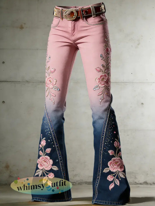 Damesbroek met bloemenprint en uitlopende pijpen - Roze / S