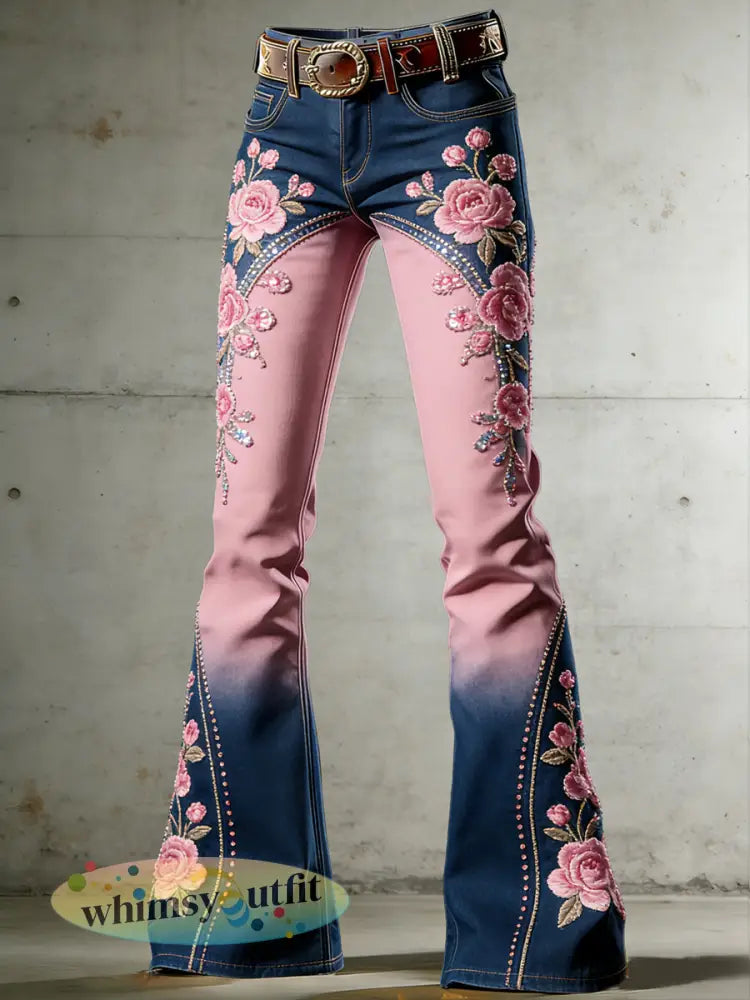 Damesbroek met bloemenprint en uitlopende pijpen - Roze / S