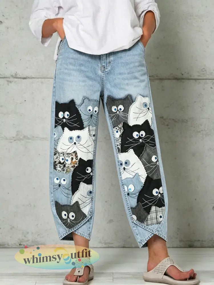Damesbroek met dierenkunst - Blauw / S