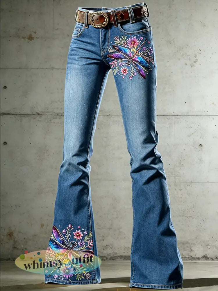 Damesbroek met kattenprint en uitlopende pijpen - Blauw / S