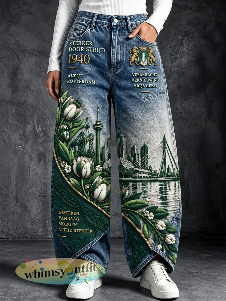 Damesbroek met Rotterdam-stadspatroon casual stijl - Blauw / S
