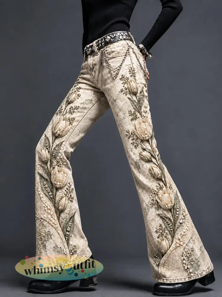 Damesbroek met tulpenbloemenprint casual en uitlopend model - Beige / S