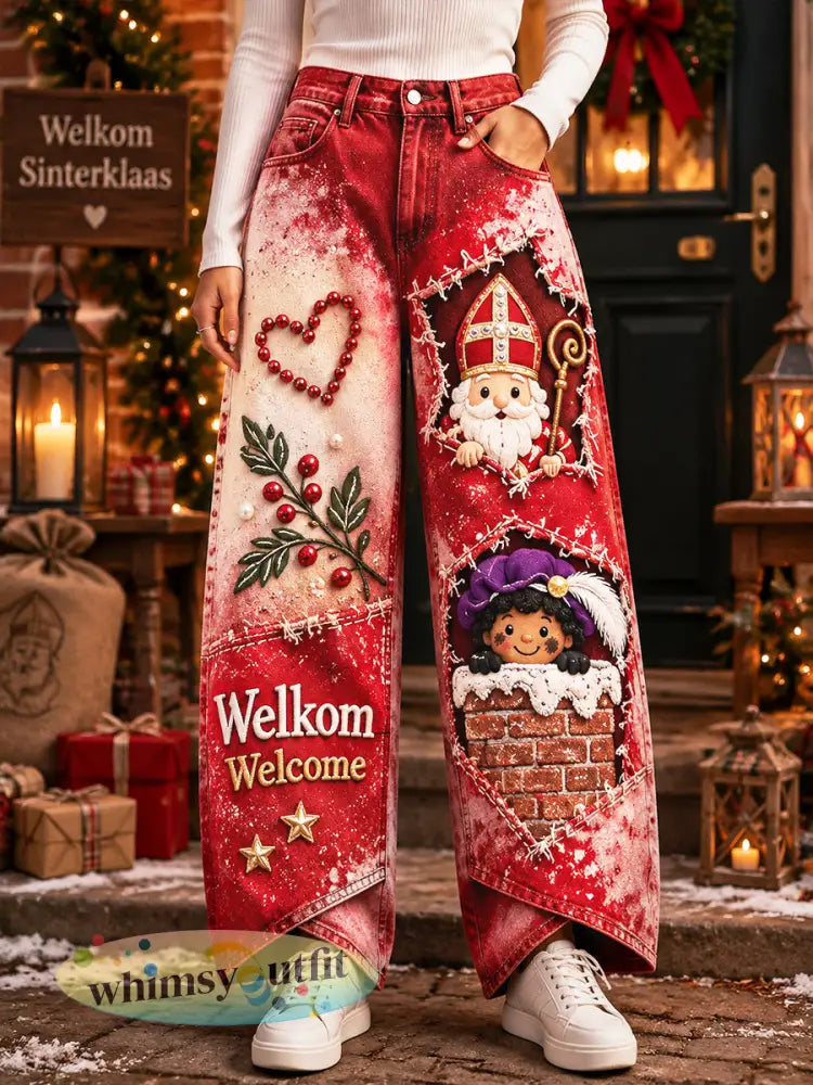 Damesbroek met zwarte-piet-gradiëntprint voor de Sint-Nicolaasdag in Nederland casual stijl - Rood / S