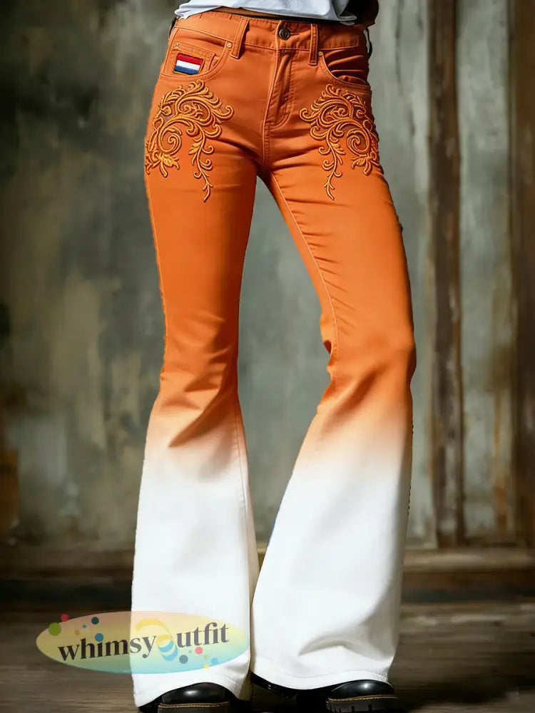 Damesbroek voor Koningsdag met verloopprint casual uitlopend model - Oranje wit / S