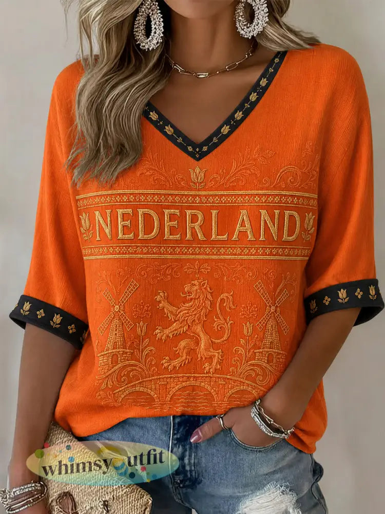 Damescadeau voor voetbalfans casual T-shirt met halve mouwen en V-hals bedrukt - Sinaasappel / S